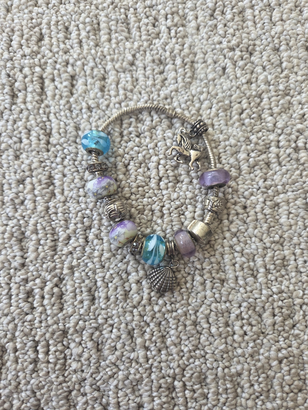 Silver Charm Bracelet with Purple and Teal Glass Beads